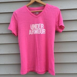 Pink Under Armour tee with a V neckline. Size M